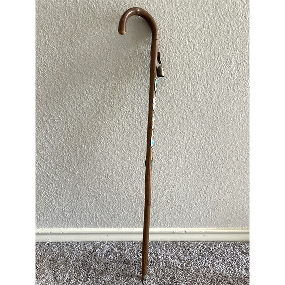Vintage Steam Bent Wood Hiking Walking Stick With Alpine Badges - Picture 1 of 9